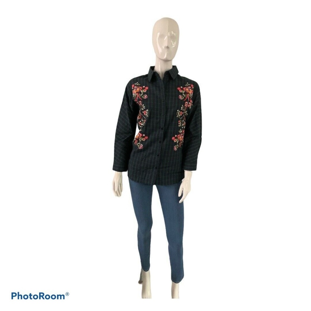 New FEW MODA Button Up Floral Embroidered XS top Blouse Women's Green $275.00